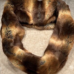 St. John Couture Walnut Multi Color Faux Fur Infinity Scarf Cowl w/ Wool Lining